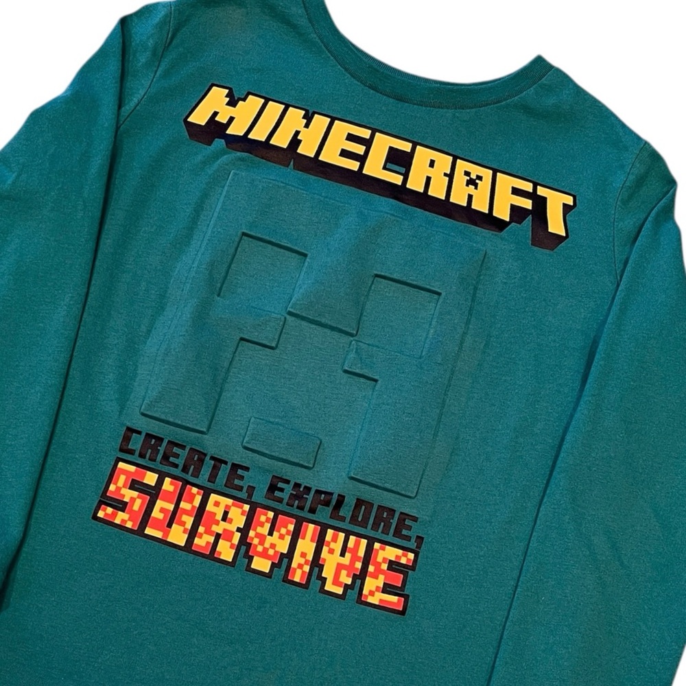 Minecraft Kids Dimensional Creeper Teal Turquoise Green Long Sleeve Tee Size 6